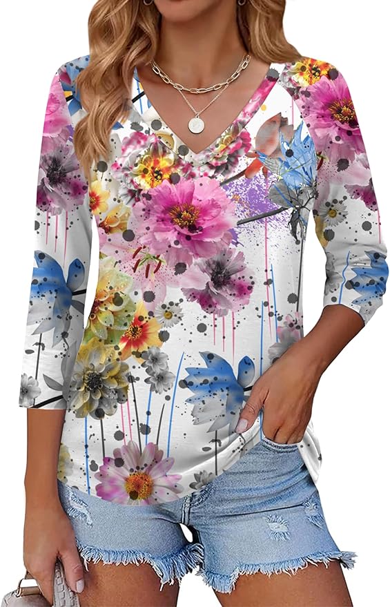 Zeagoo 3/4 Length Sleeve Womens Tops Casual V Neck Shirts Soft Basic Tees Business Work Blouses
