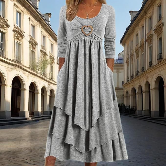 Winter Dresses for Women Wedding Guests Casual Cute Heart Long Sleeve Tiered Maxi Dress with Pockets Plus Size