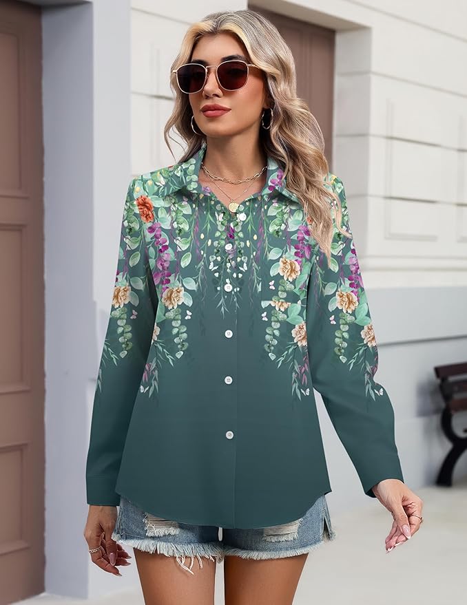 HOTOUCH Button Down Shirts for Women Long Sleeve Blouse Dressy Casual Business Work Tops with Pocket