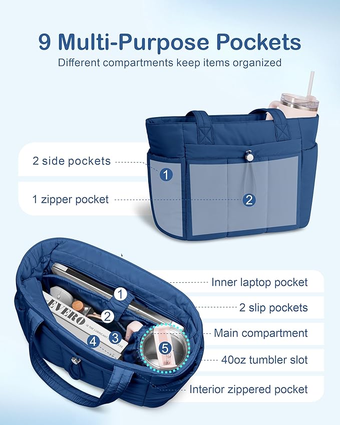 TOPDesign Puffy Tote Bag for Women with Cup Holder & Laptop Compartment & Cosmetic Bag & Trolley Sleeve for Work, Travel