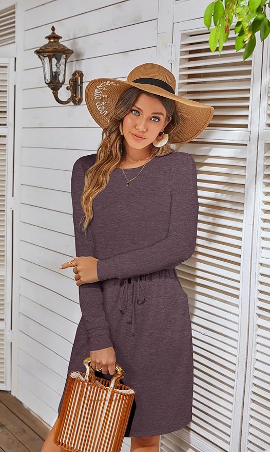 Simier Fariry Womens Spring Hide Belly Knee Length Travel Dress Pocket Summer Short Sleeve Midi Work Casual Outfits