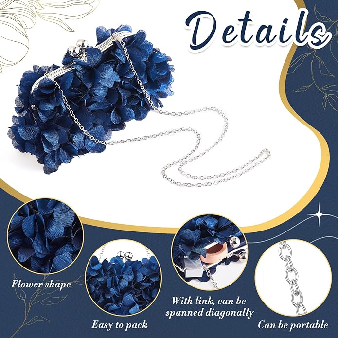 4 Pcs Flower Clutch Rhinestone Jewelry Set Rose Clutch Handbags with Detachable Strap Detachable Necklace Earrings Bracelets for Wedding Party Prom Valentine Gift