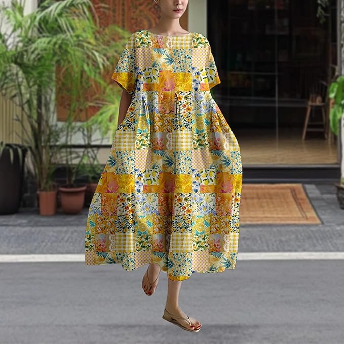 MARSVOVO Patchwork Flowy Dresses for Women Plus Size Loose Casual Tunic Dress Elegant Crewneck Maxi Dresses with Pockets