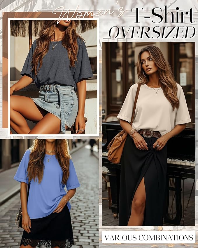 Riyiper 3 Pack Women's Oversized T-Shirt Half Sleeve Summer Tees Casual Loose Fit Crew Neck Basic Tops
