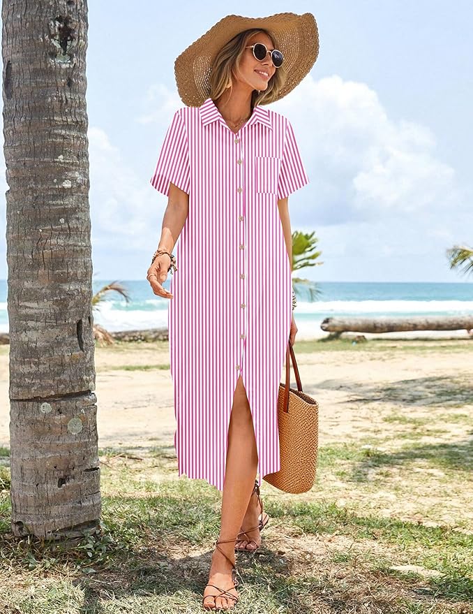 HOTOUCH Womens Dress Summer Casual Midi Short Sleeve Button Down Shirt Dresses Loose Beach Cover Up with Pockets