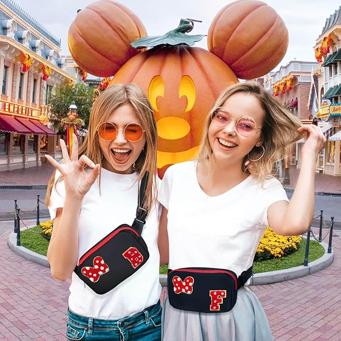 Chenille Initial Letter Bow Mouse Fanny Pack, Waterproof Park Crossbody Bag Christmas Birthday Gifts for Teen Girls Daughter Women Kids Adults, Cute Belt Bag Must Haves for Park Travel (B, Black)