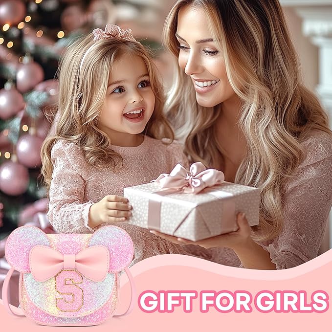 mibasies Toddler Purse Girl Gifts: Girls Birthday Gifts for 3-8 - Toys for Ages 2-4 Girls Mouse Ears Purse, Glitter Rainbow, Letter S