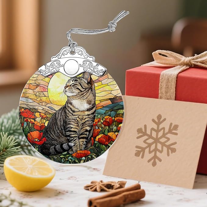 Stained Glass Ornament, Christmas Ornaments, Christmas Decorations for Tree, Holiday Ornament, Gifts for Cat Lovers, Holiday Party Gifts, Gift Ideas & Xmas Gift - Cat