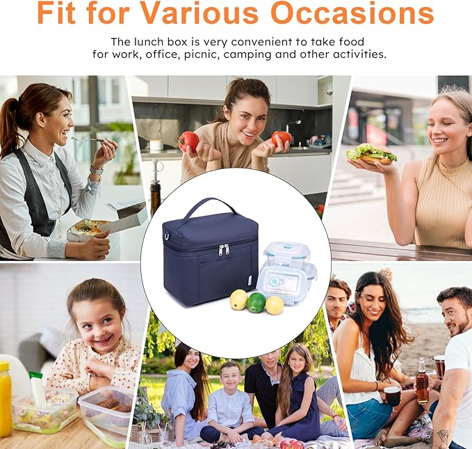 NOL Natural Organic Lifestyle Small Insulated Lunch Bags for Women Cooler Bag Lightweight Nylon Waterproof Lunch Box For Work (Small, Navy blue)