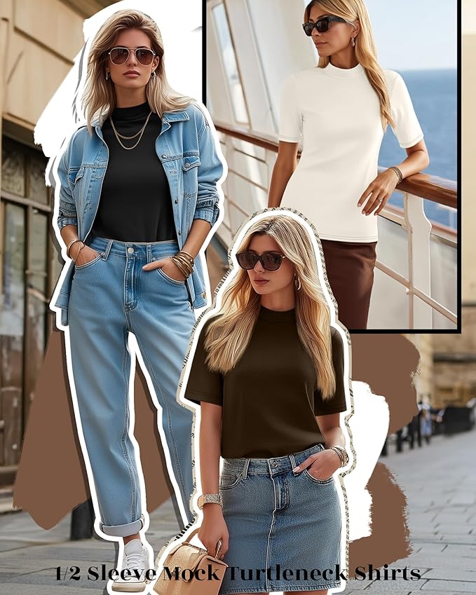 Ficerd 3 Pack Women's 1/2 Sleeve Mock Turtleneck Shirts, Elbow Length Shirt Half Sleeve Tunic Top Casual Summer Basic Tees