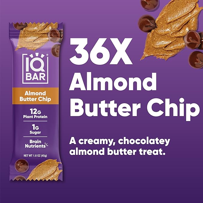 IQBAR Brain and Body Plant Protein Bars - Almond Butter Chip - 36-Count - Keto, Vegan, Low Carb, High Fiber, Gluten Free, Dairy Free, Low Sugar Snack with Nutrients for Focus, Energy, Meal Replacement