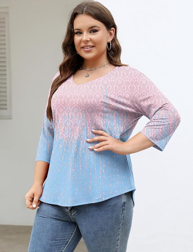 TFSDOD Womens Plus Size Tops V Neck T Shirts 3/4 Sleeve Blouse Summer Casual Tees XL-5X