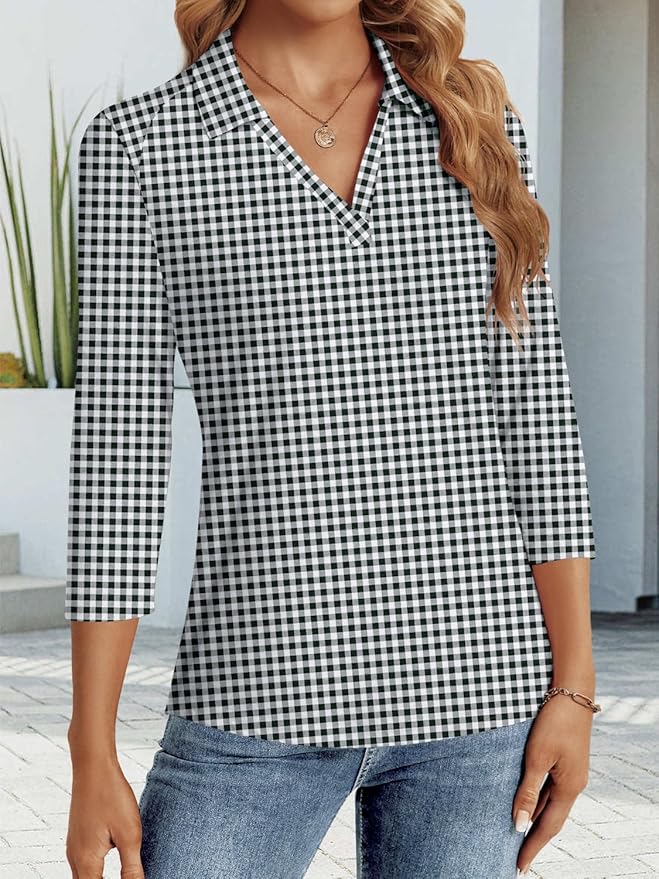 3/4 Length Sleeve Womens Tops Dressy Casual V Neck Polo Shirts Business Work Blouses 2025 Trendy Tunic Top