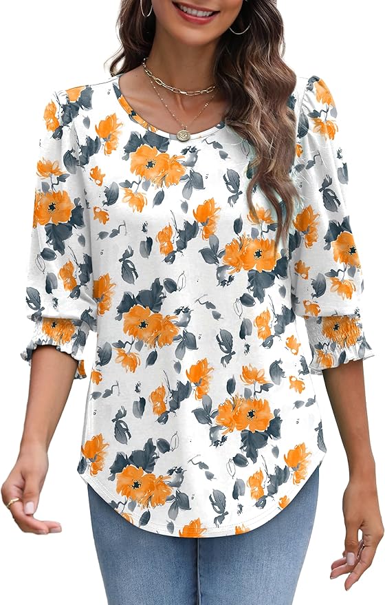 XIEERDUO Blouses for Women Dressy Casual 3/4 Length Sleeve Womens Tops with Smocked Cuffs