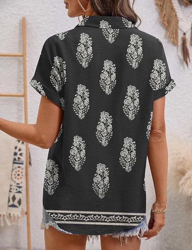 LOMON Women Blouses Spring Summer Tops for Women 2026 Short Sleeve V Neck Dressy Casual Collared Shirts Work Office