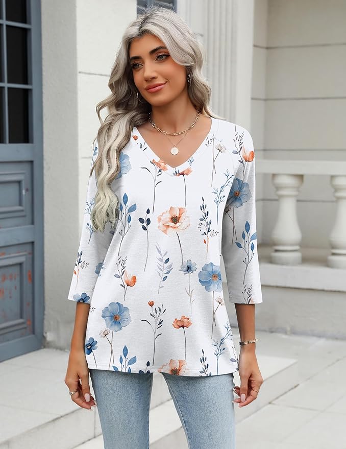 Zeagoo 3/4 Length Sleeve Womens Tops Casual V Neck Shirts Soft Basic Tees Business Work Blouses