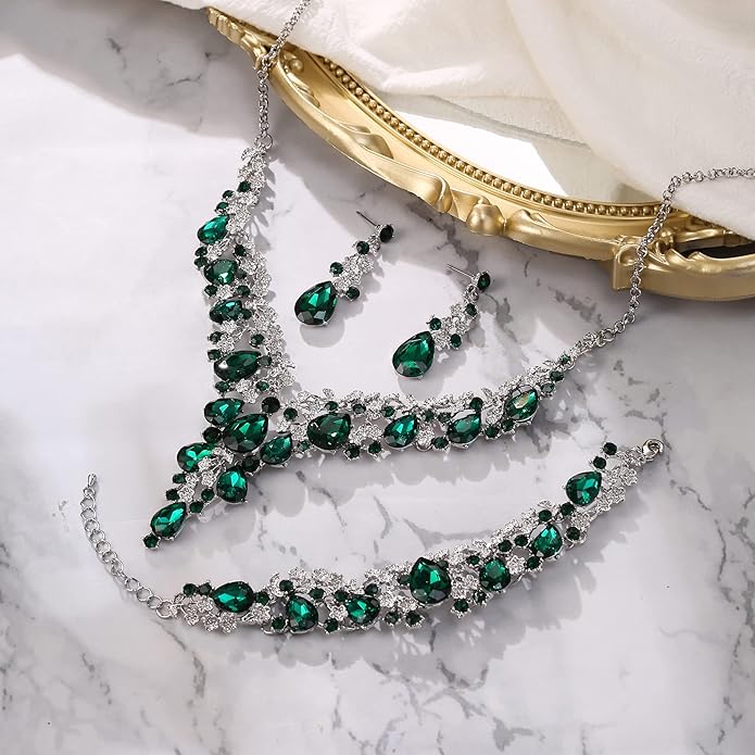 BriLove Women's Wedding Bridal Austrian Crystal Teardrop Flower Cluster Statement Necklace Dangle Earrings Jewelry Set for Party Prom