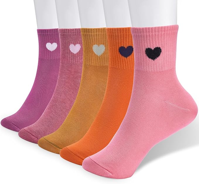 Corlap Women's Cute Cotton Crew Athletic Running Socks - Ankle High, Novelty Fun Heart Design 5-Pairs (Gift Box)
