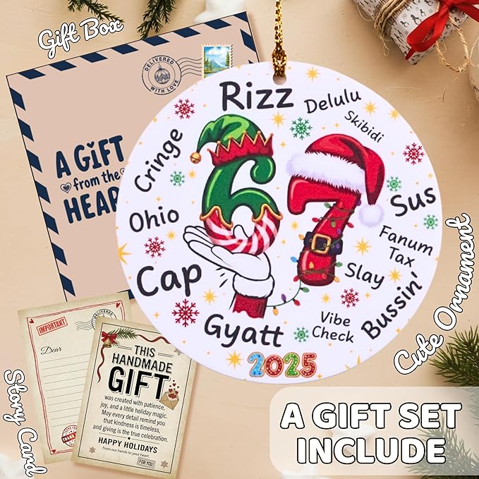 67 Funny Christmas Ornament – 67 Meme Teen Slang Santa Says Six Seven Acrylic Ornament, Rizz Gyatt Skibidi Delulu Sus Holiday Decor, Viral Xmas Gift for Gen Z Teens