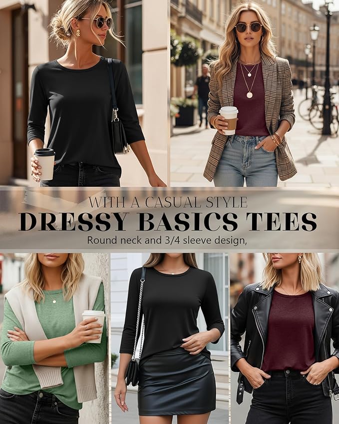 Ficerd 3 Pack 3/4 Sleeve Tops for Women Round Neck Dressy Basics Tees Casual Trendy Loose Fit T Shirts