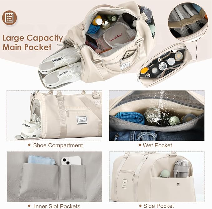 FIORETTO Womens Gym Tote Duffle Bag with Toiletry Bag, Sports Duffel Overnight Hospital Workout Carry on Bag for Girls with Wet Pocket & Shoe Compartment, Ideal for Travel, Swimming, Dance Beige