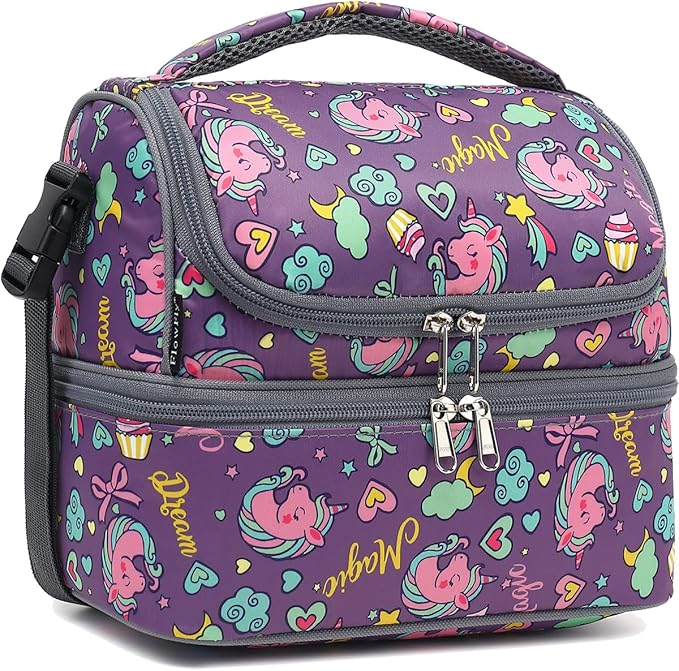 FlowFly Double Decker Cooler Insulated Lunch Bag Large Tote for Boys, Girls, Men, Women, With Adjustable Strap (Purple-Unicorn)