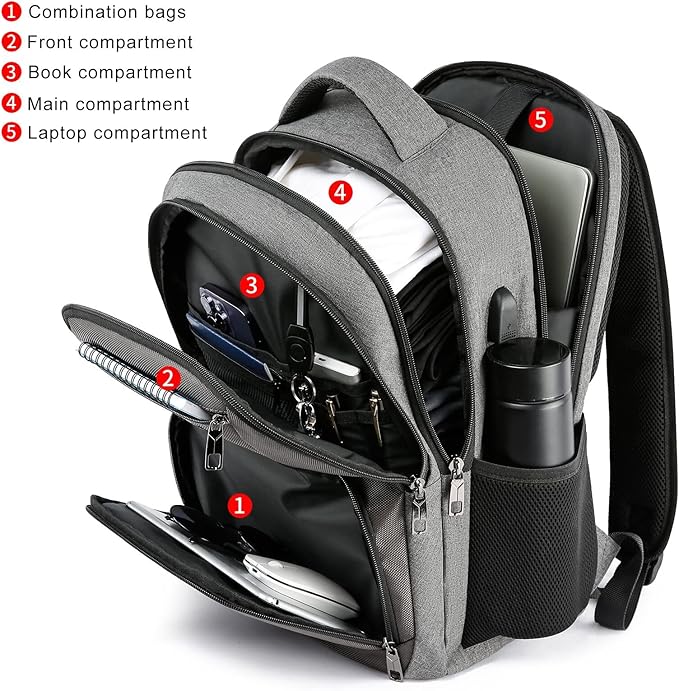 RJEU School Backpack for College Students & Teens - 15.6 Inch Laptop Backpack with USB Charging Port, Ergonomic Shoulder Straps, Water Resistant Travel Bookbag for Men, Women - Grey