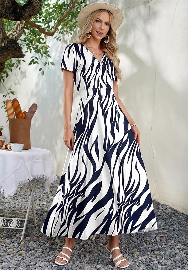 AUSELILY Maxi Dresses for Women Ankle Length Floral Print Beach Long Flowy Dress with Pockets