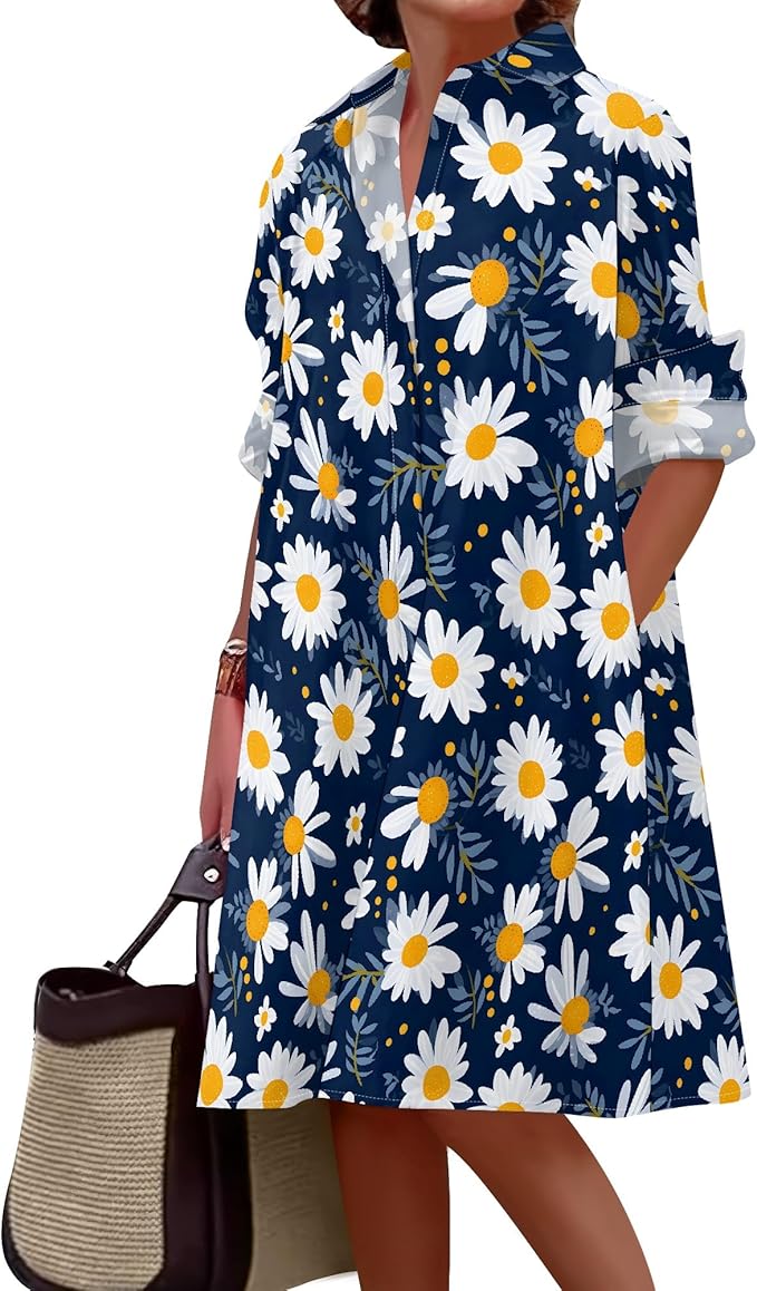 Shirt Dresses for Women 2025 Summer Long Sleeve Casual Plus Size Floral Printed Beach Vacation Dress with Pockets