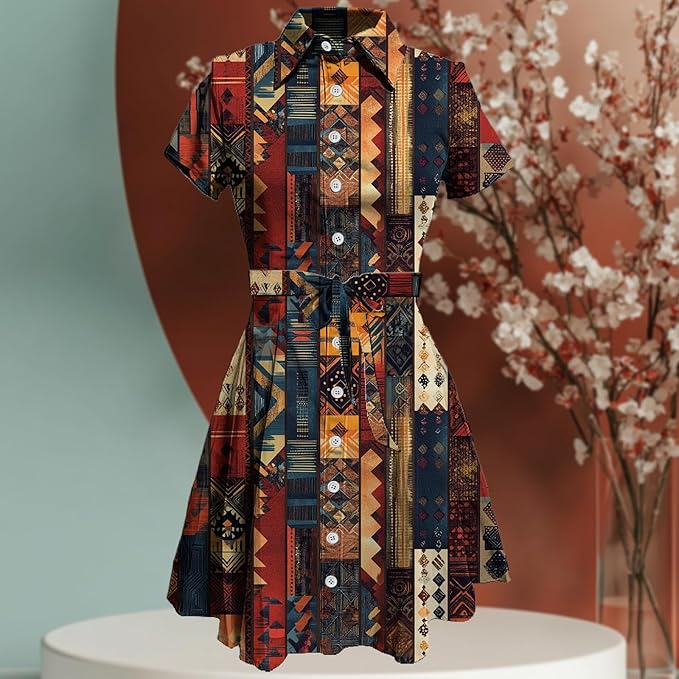 MARSVOVO Vintage Retro Shirt Dress for Women Short Sleeve Button Down Tie Waist Elegant Smocked Knee Length Dress
