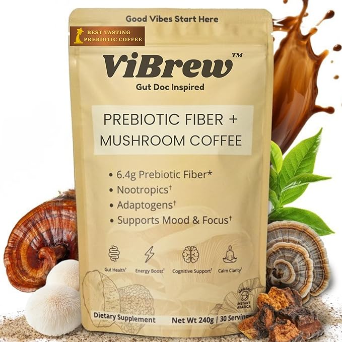 VIBREW Instant Coffee – Low Caffeine Organic Arabica for Focus, Energy, Digestion & Immune Support (240grams)