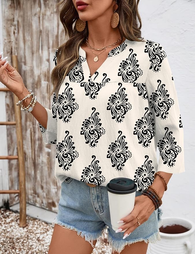 Rapbin Womens 3/4 Sleeve V Neck Floral Print Pleated Blouses for Women Dressy Casual Loose Fit Tops