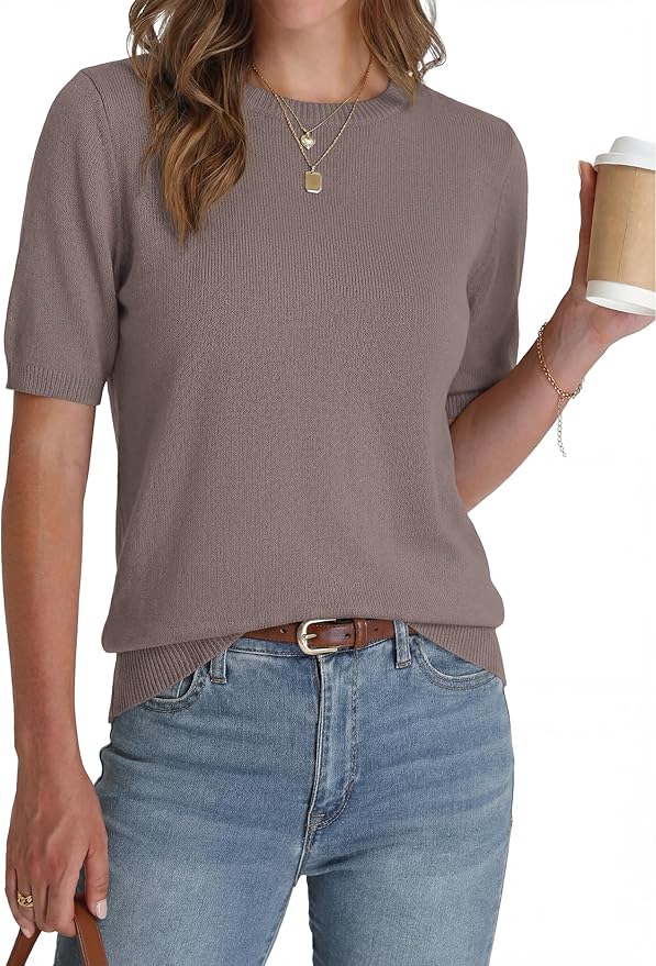 BTFBM Short Sleeve Sweater for Women Spring Tops Crew Neck Lightweight Pullover Loose Dressy Casual Blouse Basic Clothes