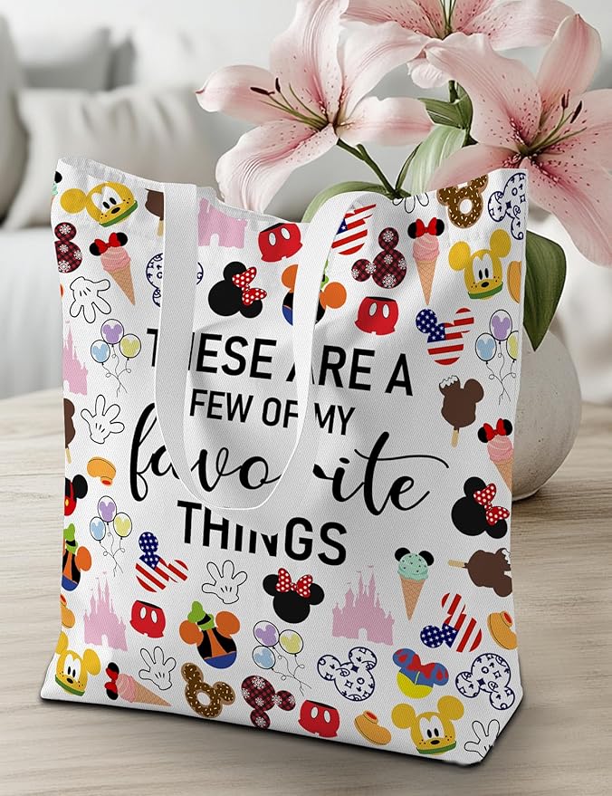 CEASQVAA Vacation Trip Gift Fairytale Fans Canvas Tote Bag Mouse Family Trip Snacks Tote Bag Magic Kingdom Gift Mouse Favorite Things Reusable Grocery Bag for Casual Shopping Travel