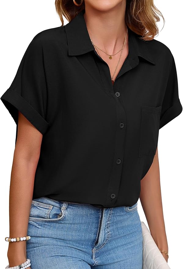 Womens Button Down Shirt Casual Short Sleeve Collared Work Blouse with Pocket