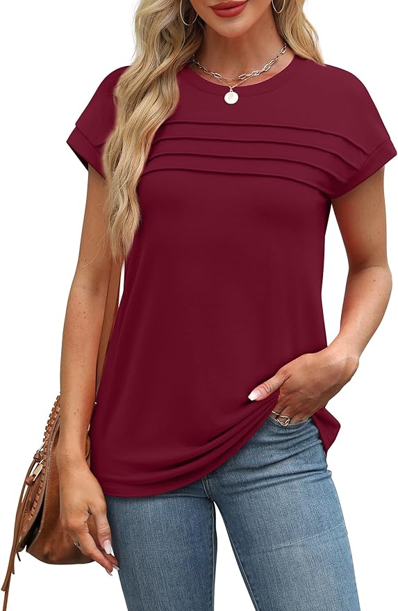 WEESO Womens Summer Tops Trendy 2026 Cap Sleeve T Shirts Crew Neck Pleated Front Beach Vacation Clothes Fashion