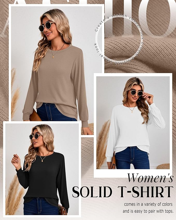 Ficerd 3 Pack Women's Long Sleeve Shirts, Cotton Crew Neck Tunic Tops Casual Loose Fit Pullover Sweatshirts Curved Hem Shirts
