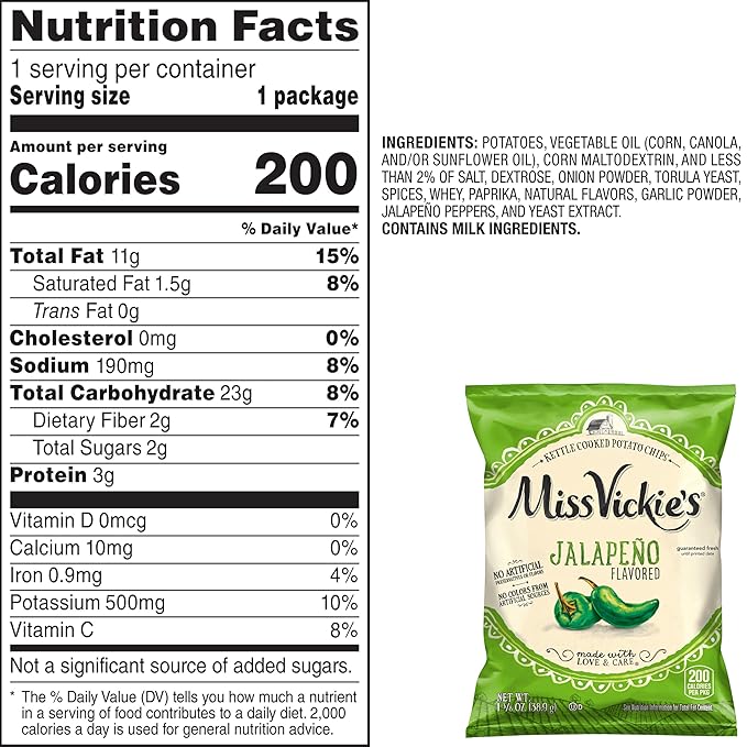 Miss Vickie's Kettle Cooked Potato Chips, Jalapeno, 1.375 Ounce (Pack of 28)