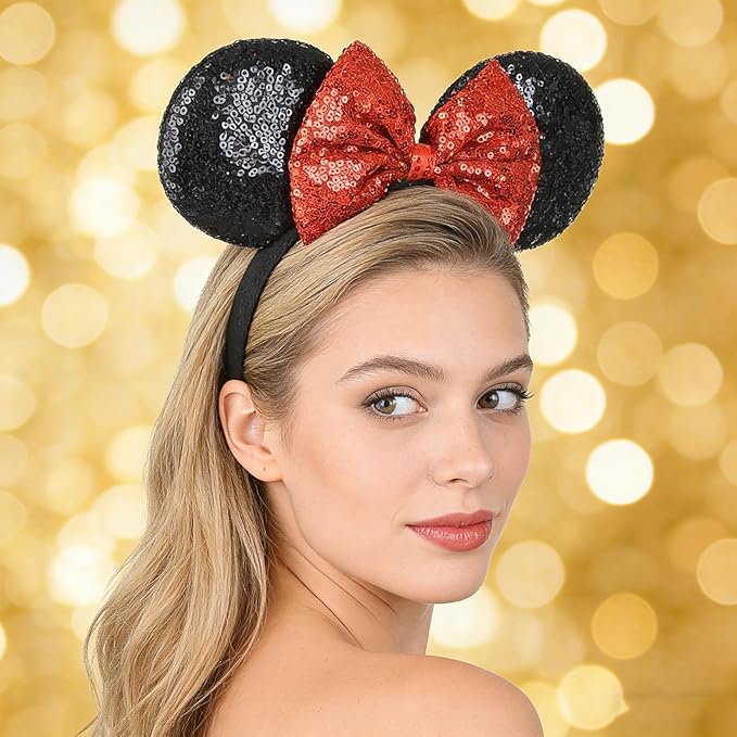 HoveBeaty Mouse Ears Bow Headbands Sequin Hairband Butterfly Glitter Hair Accessories for Girls Women Boys Birthday Cosplay Party Decorations (Red)