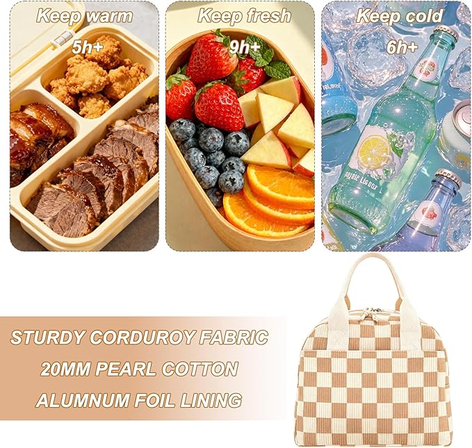 Stylish Lunch Box for Women Cute Lunch Box Reusable Checkered Corduroy Insulated Lunch Bag With Dual Zippers & Multiple Pockets for Work Travel Picnic Outdoor Activities