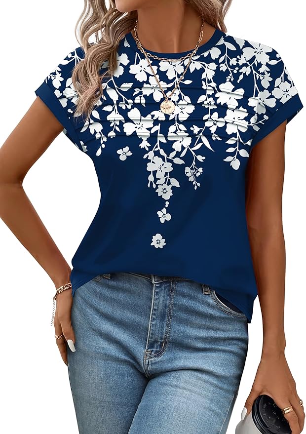 WEESO Womens Summer Tops Trendy 2026 Cap Sleeve T Shirts Crew Neck Pleated Front Beach Vacation Clothes Fashion