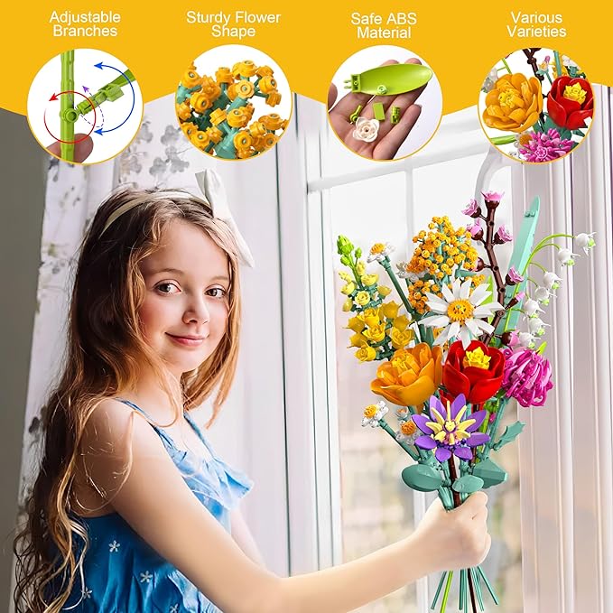 Flowers Bouquet Building Set, 1070PCS Wildflower Botanical Collection Kit, Artificial Plant Flower Toy for Women Kids Girls, Home Office Decor Gift for Valentine's Day, Mother's Day, Christmas