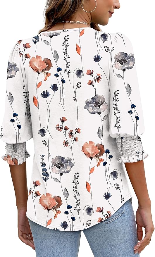XIEERDUO Blouses for Women Dressy Casual 3/4 Length Sleeve Womens Tops with Smocked Cuffs