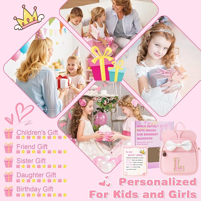 UIXIZQ Personalized Toddler Backpack for Girls 3–10, Cute Mini Bowknot Mouse-Ear Toddler Bookbag Crossbody Purse, Small Daypack Wallet Set, Initial Birthday Gift, Trendy Little Kids/Teen Bag(Pink,L)