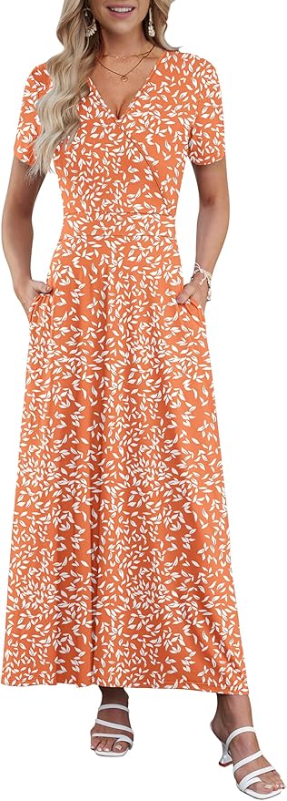 AUSELILY Maxi Dresses for Women Ankle Length Floral Print Beach Long Flowy Dress with Pockets