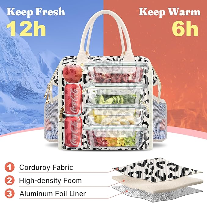 Lunch Bag Women Insulated Lunch Box Wide-Open Lunch Tote Bag Large Drinks Holder Durable Nylon Thermal Snacks Organizer for Men Adults Work Picnic Hiking Beach Fishing, Black Panther Corduroy