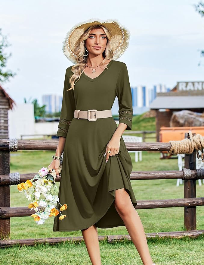 Zeagoo Women's Dresses 3/4 Sleeve Summer Casual V-Neck A Line Flowy Eyelet Midi Dress for Women Beach Vacation Sundress