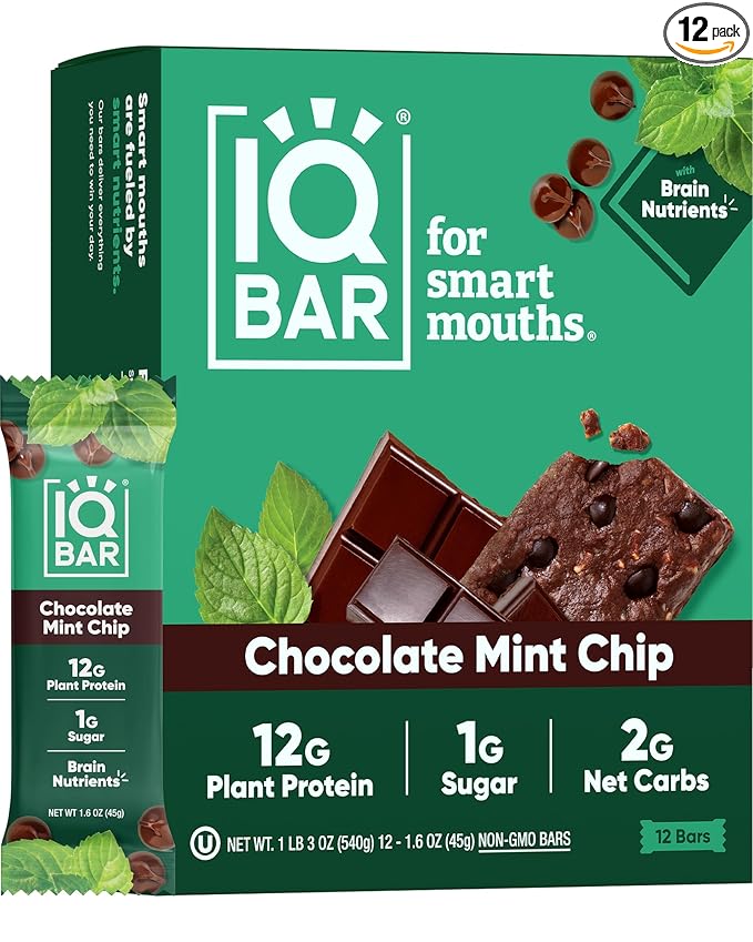 IQBAR Brain and Body Plant Protein Bars - Chocolate Mint Chip - 12-Count - Keto, Vegan, Low Carb, High Fiber, Gluten Free, Dairy Free, Low Sugar Snack with Nutrients for Focus, Energy, Meal Replacement