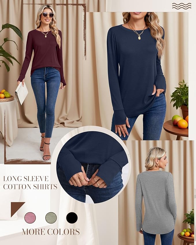Huukeay 3 Pack Women's Long Sleeve Shirts with Thumb Holes, Cotton Casual Crew Neck Tunic Tops Fall Loose Y2k Trendy Outfits