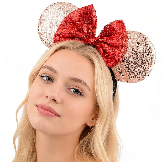 HoveBeaty Mouse Ears Headbands Shiny Sequin Bows Hairband Hair Accessories for Christmas Holloween Cosplay Parties